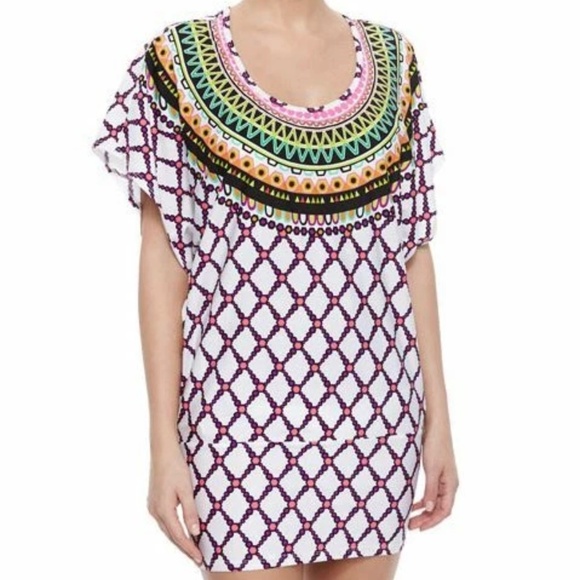 Trina Turk Women's Kon Tiki Colorful Print Swim Cover Up Tunic Beach Dress Large - Picture 1 of 14